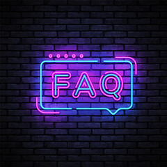 Faq in neon style. Realistic vector illustration. Modern template with black faq on blue background for game background design
