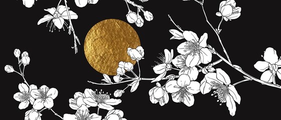 Hand drawn branch of sakura with blooms, flowers, leaves, petals. Golden sun, moon on black background.