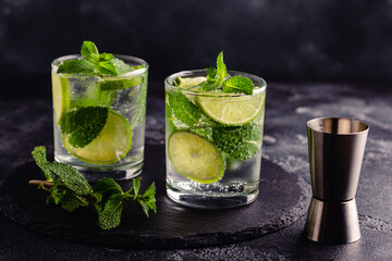 Refreshing summer alcoholic cocktail mojito with ice, fresh mint and lime
