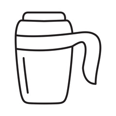 Thermo cup, travel mug. Outline thermos. Coffee cup icon.Isolated on white background. Line art vector illustration.