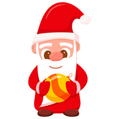 Funny happy Santa Claus character with ball christmas decoration. Vector flat illustration.For Christmas cards, banners, tags and labels. Isolated on white background.