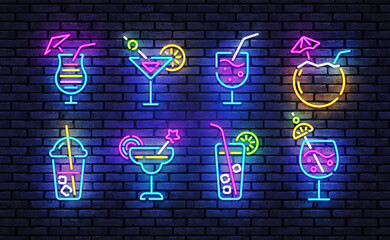 Cocktails neon icons set. Cocktails collection neon signs. Bright sign boards, light banner. Modern trend design, night light signboard, emblems, design template. Vector Illustration © Ivan