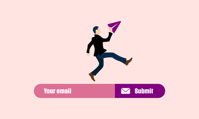 Fototapeta na wymiar Subscription to newsletter, news, offers, promotions. Flat concept. Businessman launching paper airplane on email subscribe form on website. 
