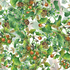 Watercolor seamless pattern with elements of Ginkgo Biloba tree. Branches, leaves, seeds, fruits