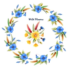 Fototapete Schmetterlinge Blumenkranzrahmen und Blumenstrauß isolieren. Wilde Blumen auf weißem Hintergrund. Blu, gelbe Blüten. Aquarellillustration für Postkarten, Plakate, Verpackungen, Einladungen, Hochzeiten, für Stoffe, Innenräume