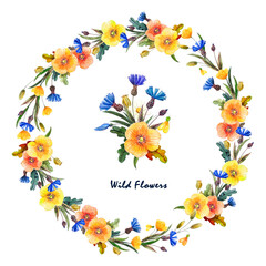 Floral wreath frame and isolate bouquet. Wild flowers on a white background. Red, yellow flowers.  Watercolor illustration for postcards, posters, packaging, invitation, wedding, for fabric, interiors
