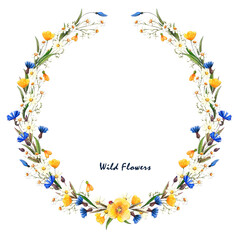 Floral wreath frame . Wild flowers on a white background. Red, yellow flowers.  Watercolor illustration for postcards, posters, packaging, invitation, wedding, for fabric, interiors