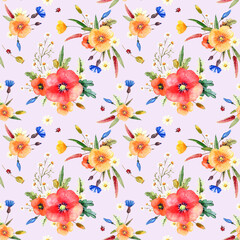 seamless floral pattern with wild  summer flowers on a pastel background, red, yellow poppies, cornflowers, camomiles Botanical illustration for fabrics, dresses, interiors, bed linen, packaging  