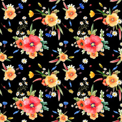 seamless floral pattern with wild  summer flowers on a dark background, red, yellow poppies, cornflowers, camomiles Botanical illustration for fabrics, dresses, interiors, bed linen, packaging  