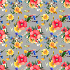 seamless floral pattern with wild  summer flowers on a grey background, red, yellow poppies, cornflowers, camomiles Botanical illustration for fabrics, dresses, interiors, bed linen, packaging  