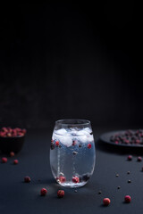 Vaso de gin tonic con moras rojas y negras sobre fondo negro