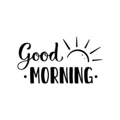 Lettering Good morning. Letters with the Sunrise. Black words with the rising sun on a white background.