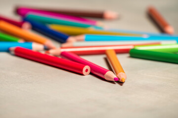 School pencils are scattered on gray background.