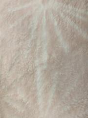 Bedding with a pink fluffy fur plaid. Copy space. Flat lay, top view.