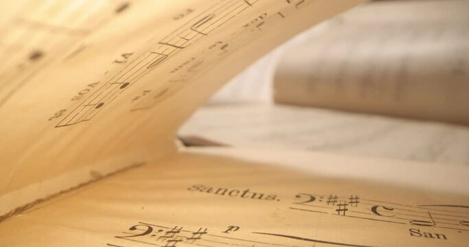 Musical notes, old musical note paper sheet. Super macro close up shoot fly over laowa 4k