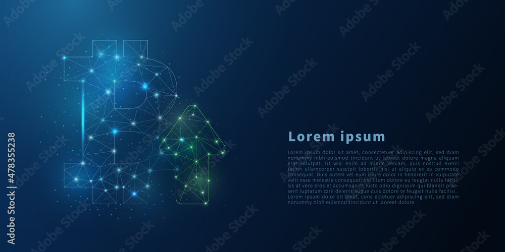 Poster bitcoin sign with growing up from polygonal wireframe. abstract low poly bitcoin sign with arrow up.