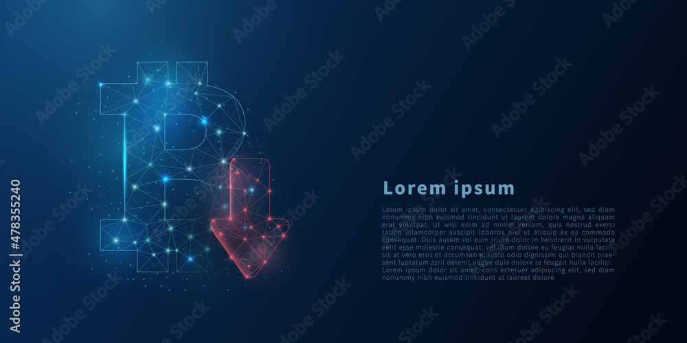 Poster bitcoin sign with arrow down from polygonal wireframe. abstract low poly bitcoin sign with arrow dow