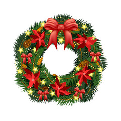 Christmas wreath with fir tree, scarlet flowers, pine sprigs and cones for winter holidays season. Vector botanic decor illustration.