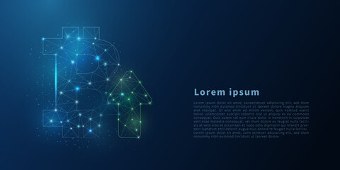 Obraz premium Bitcoin sign with growing up from polygonal wireframe. Abstract low poly bitcoin sign with arrow up. Polygonal wireframe illustration with lines and dots. Vector concept illustration.