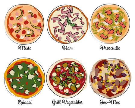 Drawing Pizza Toppings Part 04 / Zeichnungen Pizza Beläge Teil 04: Mista, Ham, Prosciutto, Spinaci, Grill Vegetables, Tex-Mex