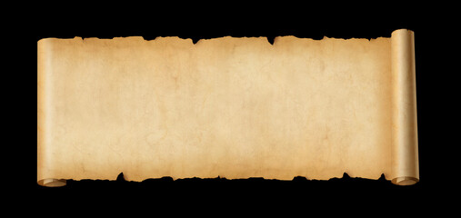 Old paper horizontal banner. Parchment scroll isolated on black