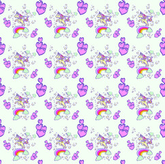 Vector pattern with cute unicorns, magic background with little unicorn, seamless colorful illustration for children wallpaper textile and gift paper