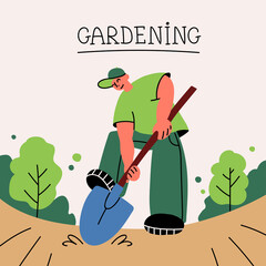 Cartoon vector illustration on the theme of garden, gardening,cultivation, spring. Man digs the ground. Colorful background for use in design