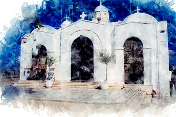 Watercolor drawing of the Church, Athens, Greece. This place is a tourist attraction in Athens.