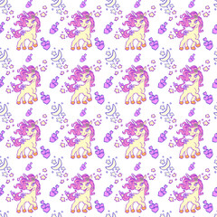 Vector pattern with cute unicorns, magic background with little unicorn, seamless colorful illustration for children wallpaper textile and gift paper