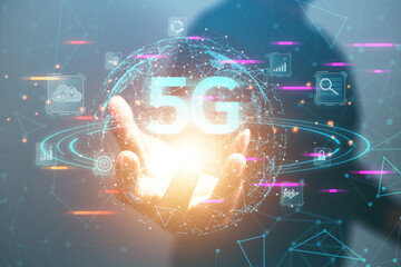 business man showing hologram world modern technology 5G network graphics internet network connection cable
