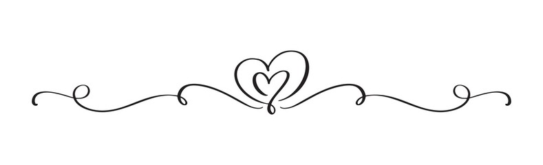 Hand Drawn Vintage Flourish Vector divider. Valentines Day Black Calligraphic Heart. Calligraphy Holiday illustration. Design valentine element. Icon love decor for web, wedding - obrazy, fototapety, plakaty