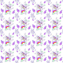 Vector pattern with cute unicorns, magic background with little unicorn, seamless colorful illustration for children wallpaper textile and gift paper