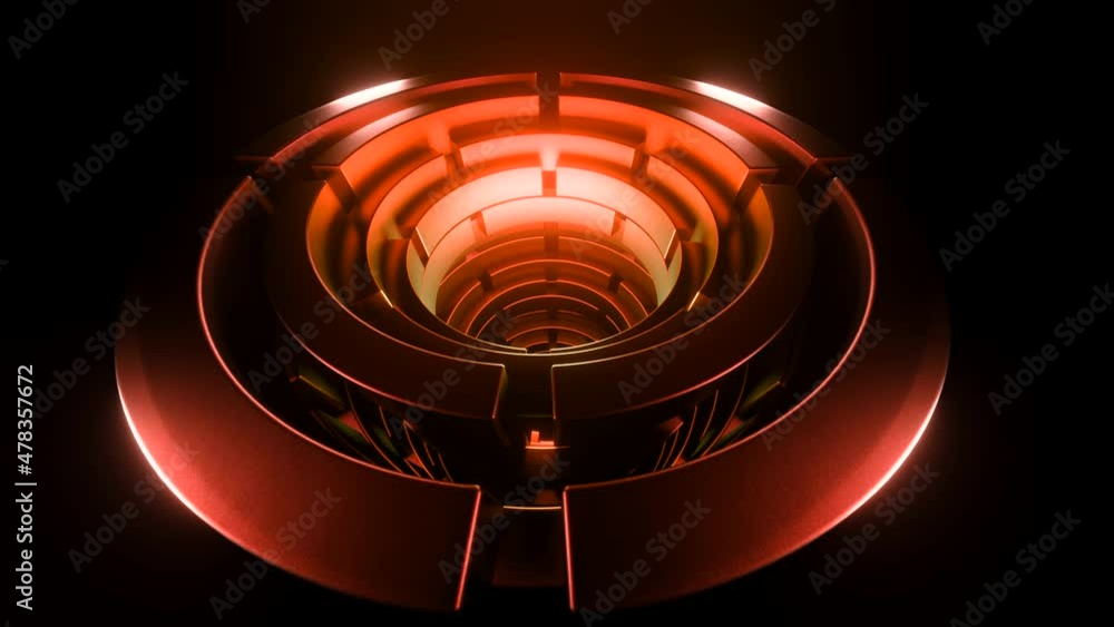 Poster 3d tunnel of rotating futuristic rings. design. futuristic 3d rings with neon light rotate on black 