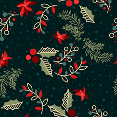 Christmas seamless festive pattern with evergreen spruce and pine branches, red holly flowers, berries, leafage. Vector botanic illustration on dark background.