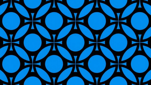 Blue patterns .Design. Blue and black background on which circles, squares, triangles, ovals appear as in a kaleidoscope.