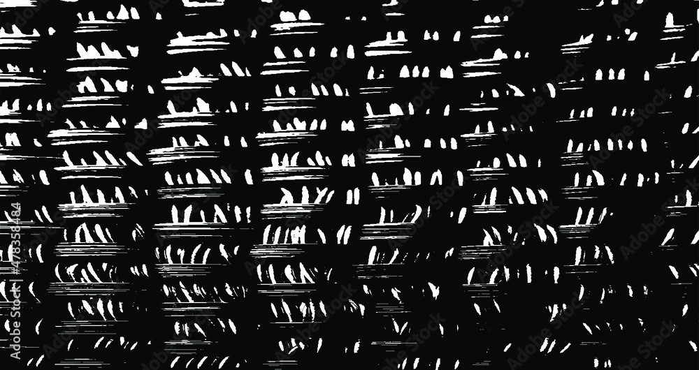 Poster Monochrome texture composed of irregular graphic elements. Distressed uneven grunge background. Abstract vector illustration. Overlay for interesting effect and depth. Isolated on white background