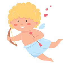 Male cupid with bow and heart shaped arrow in cartoon style. Cupid for valentine's day