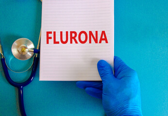 Covid-19 corona and flu flurona symbol. Hand in blue glove with white note. The concept word...