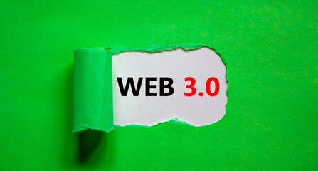 WEB 3.0 symbol. Concept words WEB 3.0 appearing behind torn green paper. Beautiful white and green background, copy space. Business, technology and WEB 3.0 concept.