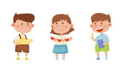 Smiling Boy and Girl with Scissors Cutting Paper for Applique and Craft Activity Vector Set