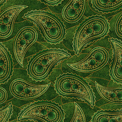 Traditional seamless Paisley pattern. Indian ornament. Turkish cucumber. Watercolor with gold. The tear of Allah. Design of fabric, packaging, paper. Green color.