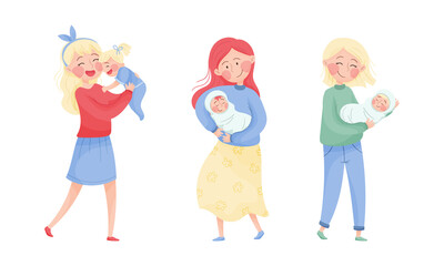 Happy Mother Embracing Tenderly Her Baby Vector Set