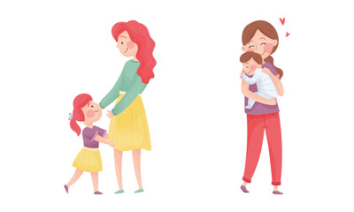 Happy Mother Embracing Tenderly Her Baby Vector Set