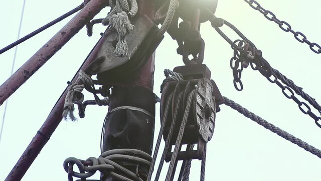 Ancient Fishing Boat Deadeye and Ropes Detail. Close Up.  