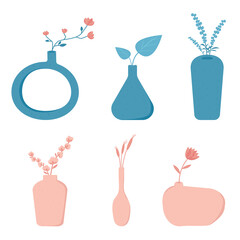 Modern ceramic vase with flowers in pink and blue colors. Home decor