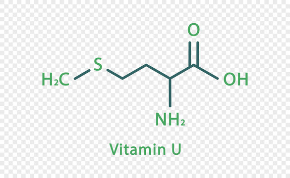 Vitamin U chemical formula. Vitamin U structural chemical formula isolated on transparent background.