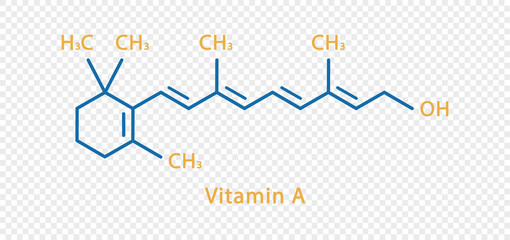 Vitamin A chemical formula. Vitamin A structural chemical formula isolated on transparent background.