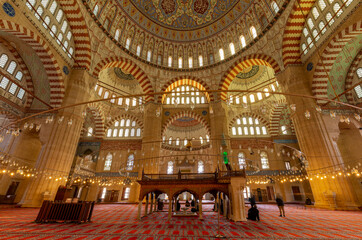 Fototapeta na wymiar EDIRNE - TURKEY - DECEMBER 24, 2021 : Interior of the Selimiye Mosque. The UNESCO World Heritage Site Of The Selimiye Mosque, Built By Mimar Sinan In 1575