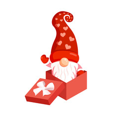 Illustration of a romantic gnome in a gift box for banner, postcard, textiles, decor. Scandinavian nordic gnome, cute elf for valentine's day.