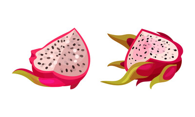 Pitaya or Pitahaya Tropical Fruit with White Juicy Flesh Vector Set
